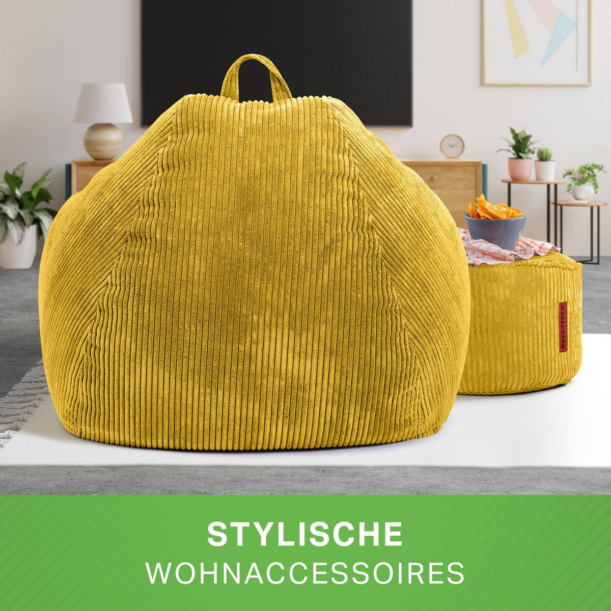 XXL-SITZSACK 2er Set + Pouf - Cordstoff - Gelb, Textil (90/110/90cm) - Green Bean