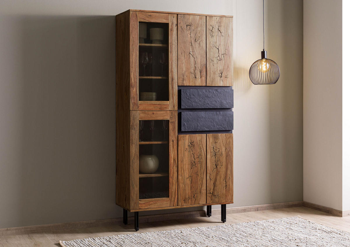 VITRINE Sheesham 100x40x190 natur unbehandelt LICHTENBERG #106 - Braun, Holz (100/190/40cm) - Massivmoebel24