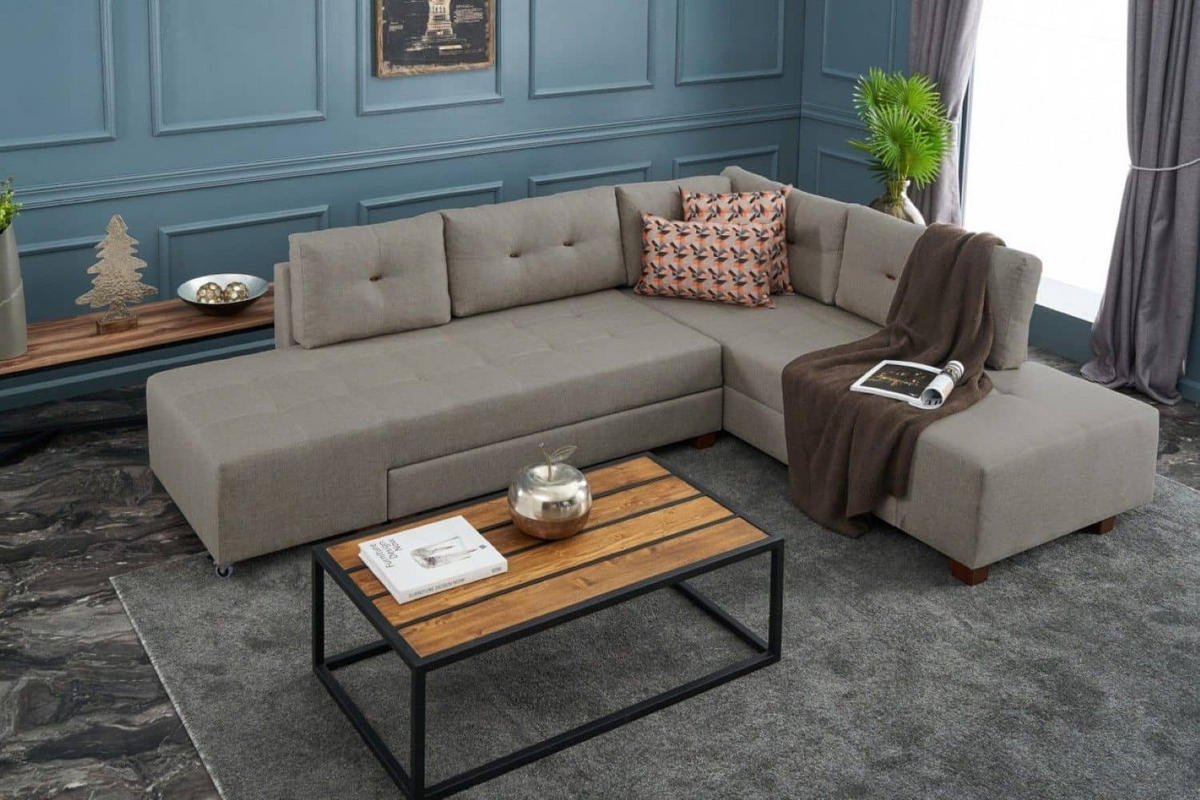 ECKSOFA mit rollbarer Schlaffunktion - Beige/Walnussfarben, Holzwerkstoff/Kunststoff (206/280cm) - myHomelando