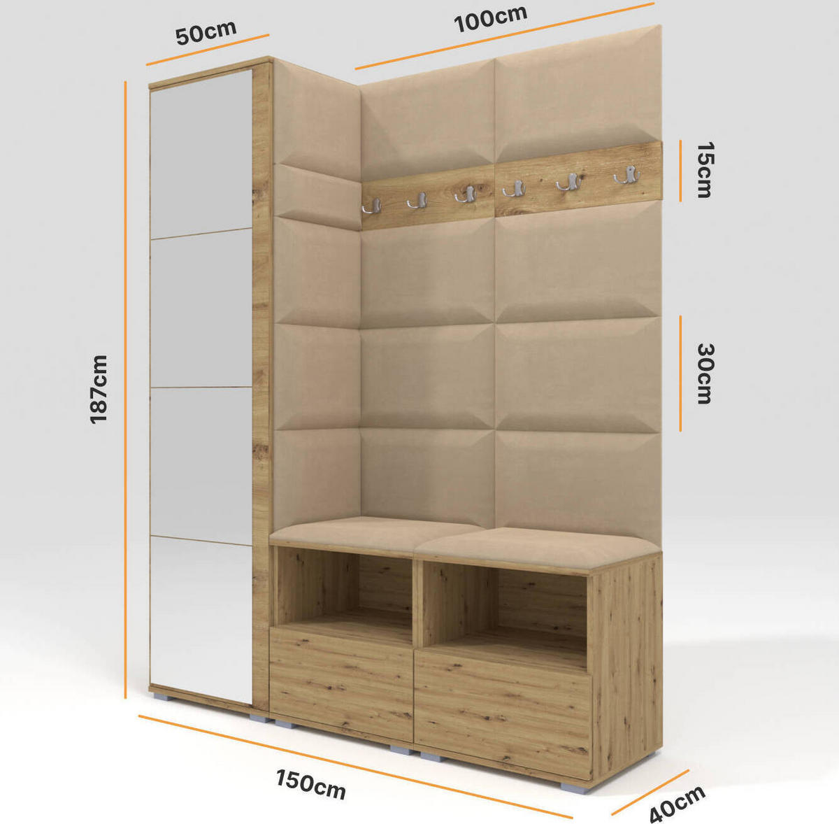 GARDEROBEN-SET Nela II mit Spiegel 150/187/40 - Beige/Silberfarben, Holzwerkstoff/Kunststoff (150/187/40cm)