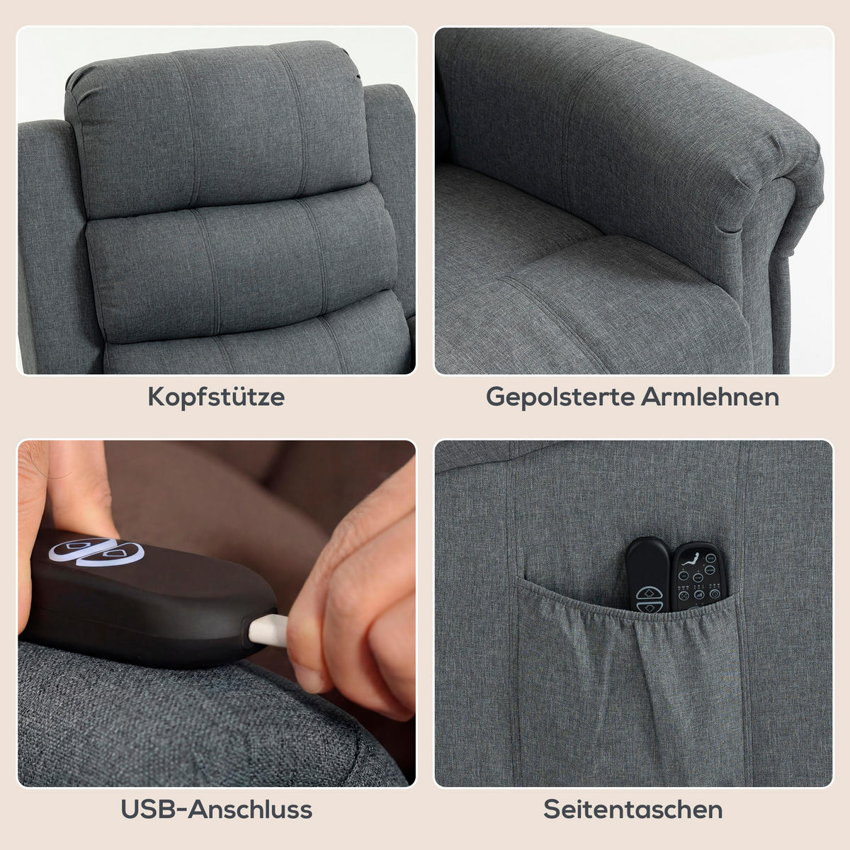 SESSEL mit Aufstehhilfe Neigebarer Massagesessel, Elektrischer Relaxsessel, Grau - Schwarz/Grau, Textil/Metall (87/108/87.5cm) - HOMCOM