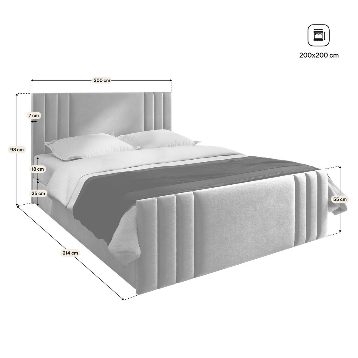 BOXBETT KANES 200x200 cm mit Matratze und Topper, H2+H3 - Hellgrau - Hellgrau, Holz (200/200cm) - MASSENO