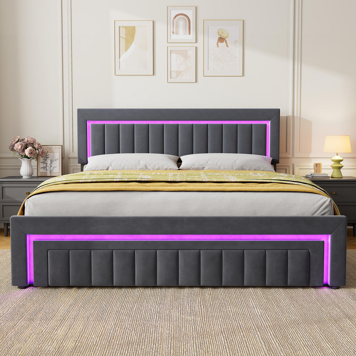 POLSTERBETT 180/200 mit Bettkasten und Schubladen , mit LED, ohne Matratze - Grau, Holzwerkstoff/Textil (180/200cm) - STILVORA