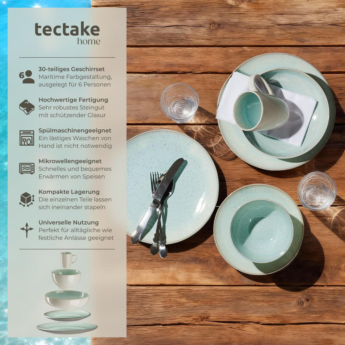 KOMBISERVICE Mare, ineinander stapelbar, Mint - Mintgrün, Keramik (26.5/2.5/26.5cm) - tectake