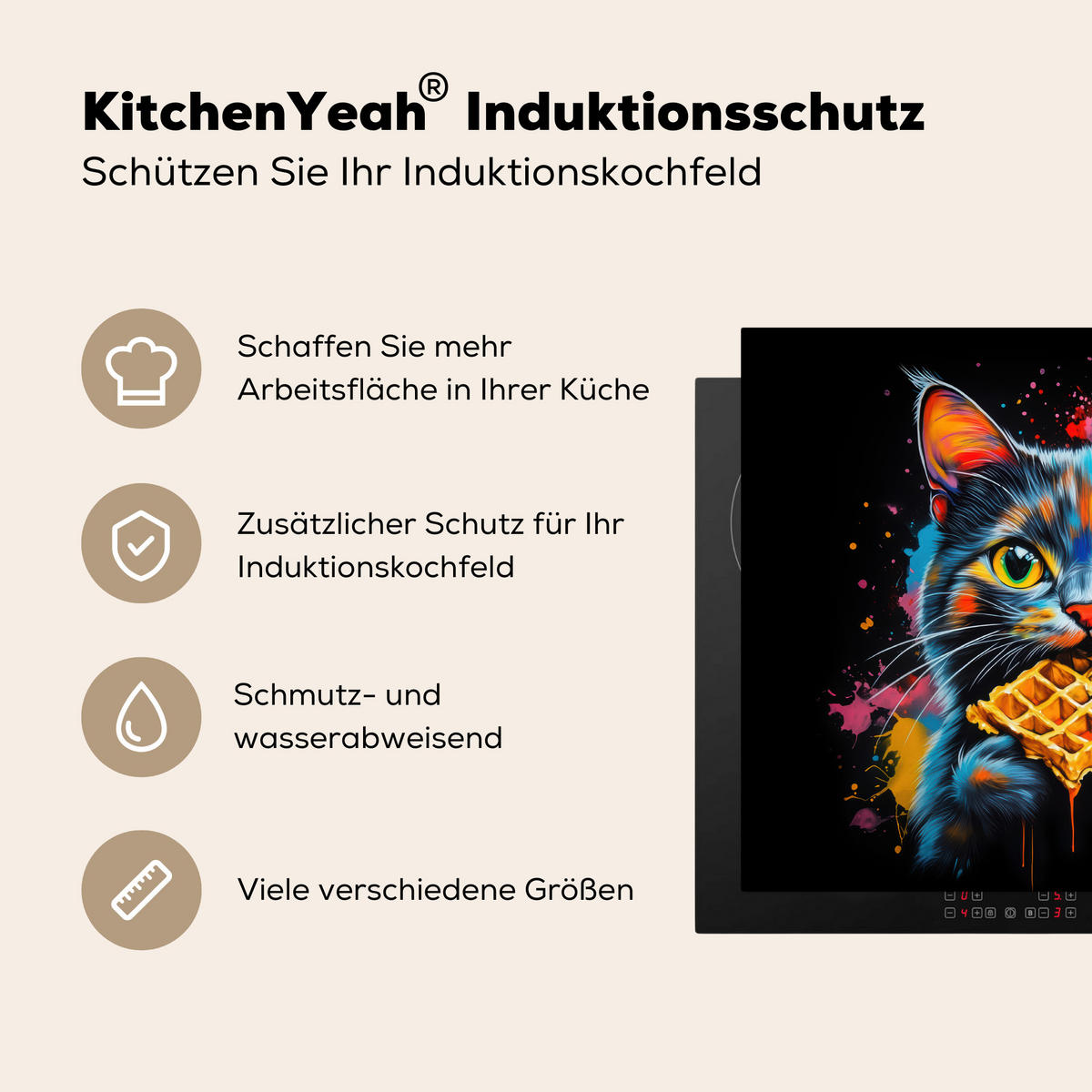 HERDABDECKPLATTE Katze - Graffiti - Bunt - Waffel - Essen Herdabdeckung Induktionsfeld 65x52 cm - Multicolor, Kunststoff (65/52/0.2cm) - MuchoWow
