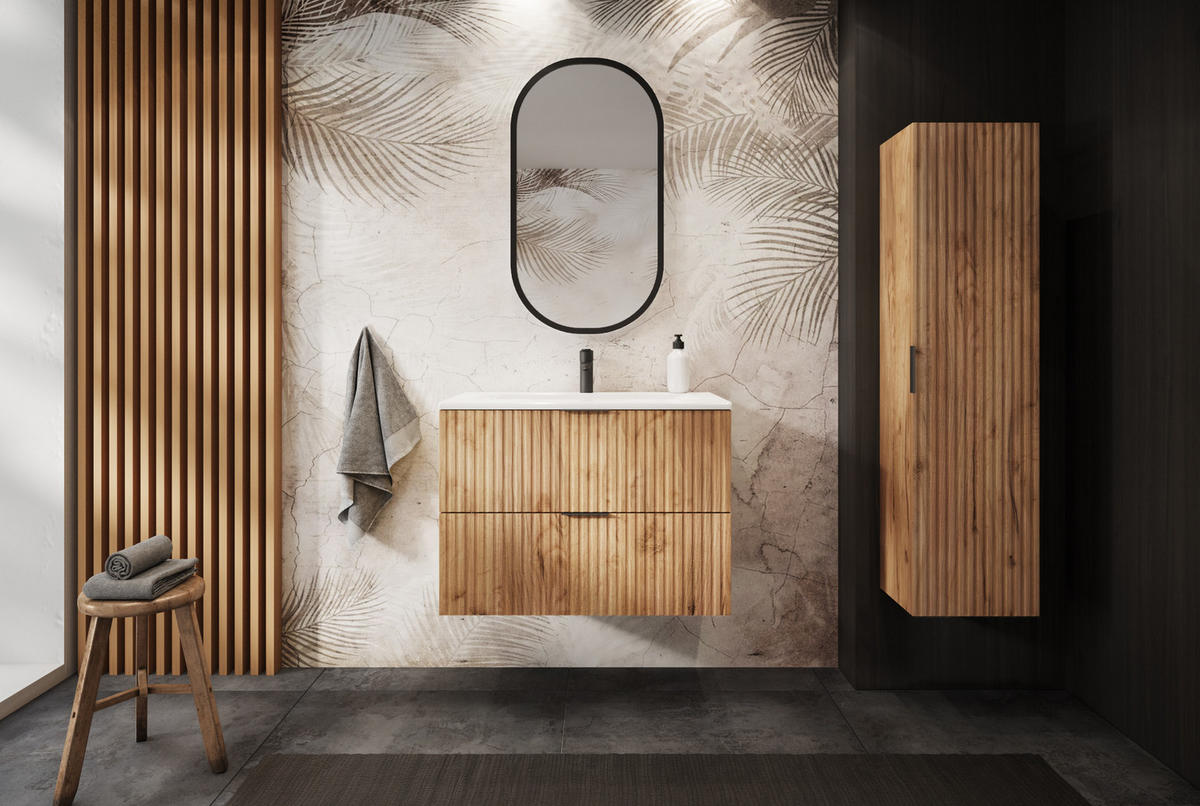 BADEZIMMERSCHRANK, Gold Craft Eiche, 80 x 57 x 46 cm, Schwarze Griffe - Eichefarben/Schwarz, Holzwerkstoff/Kunststoff (80/57/46cm) - 3XE LIVING