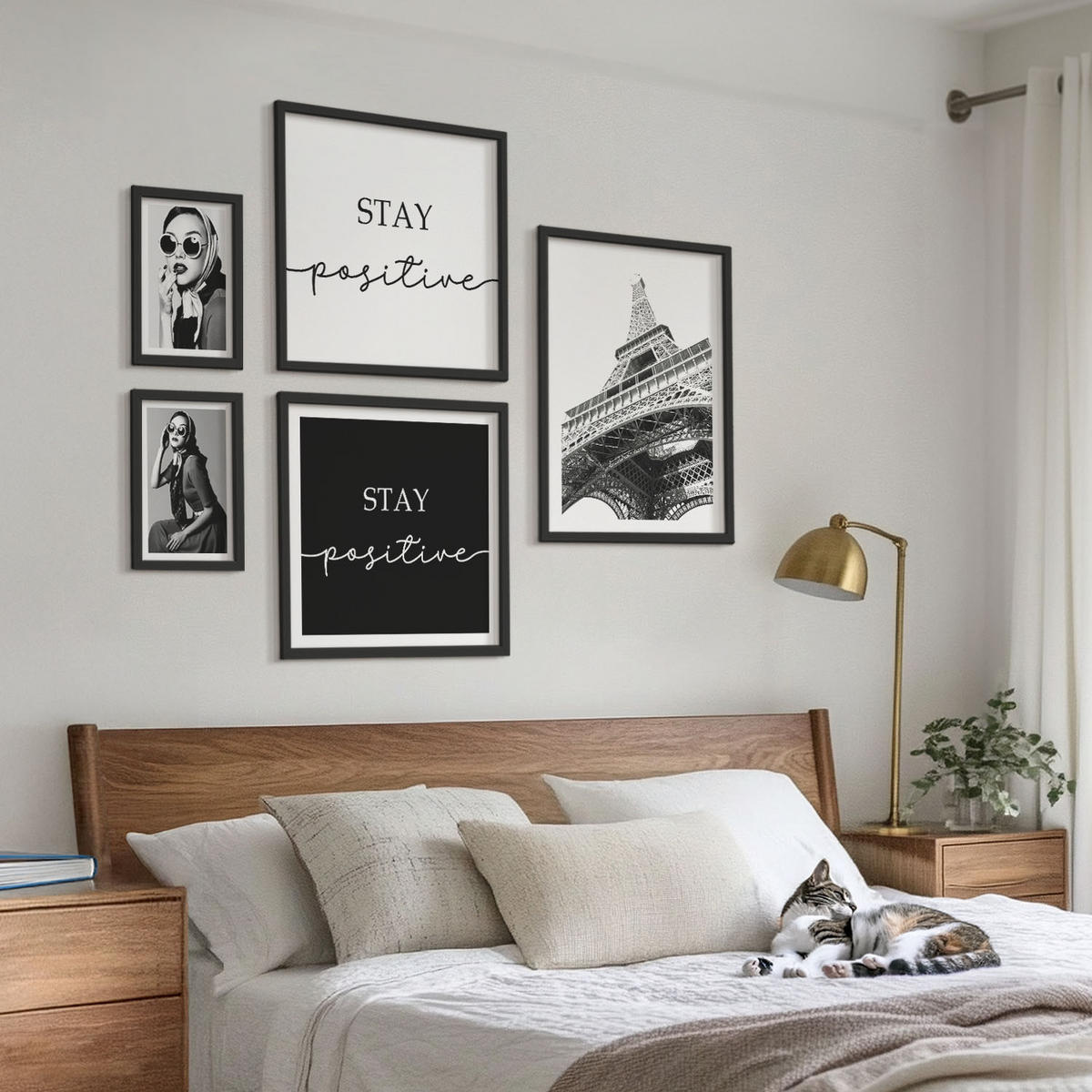 BILDER SET 5er Set - 50x50 cm & 20x30 cm & 40x60 cm Schwarzer Rahmen - Pastellrosa Flamingos - Schwarz, Kunststoff (40/60cm) - TULUP
