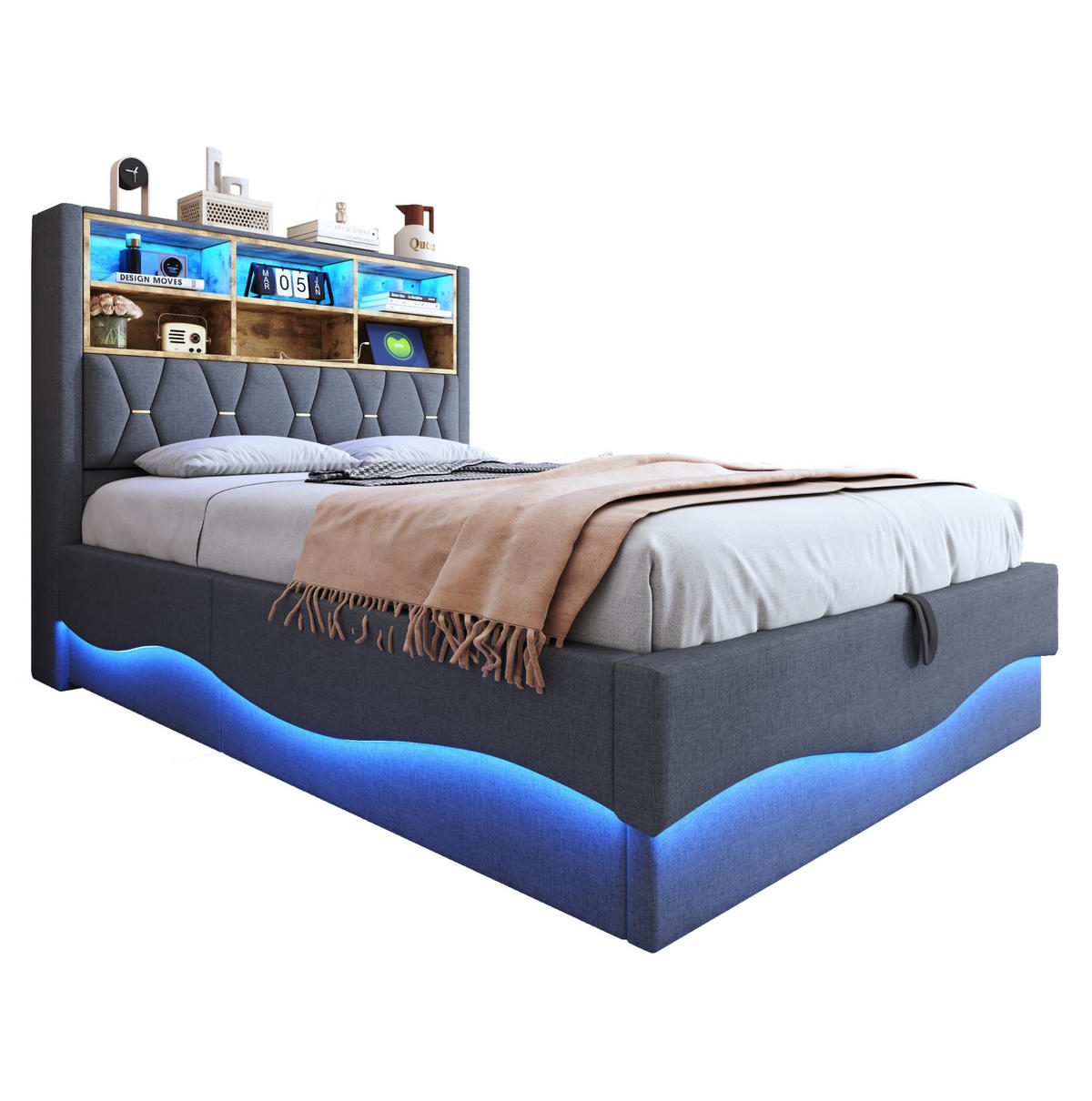 POLSTERBETT 140/200 cm Grau mit hydraulischem Stauraum und LED-Beleuchtung - Grau, Metall (140/200cm) - OKWISH