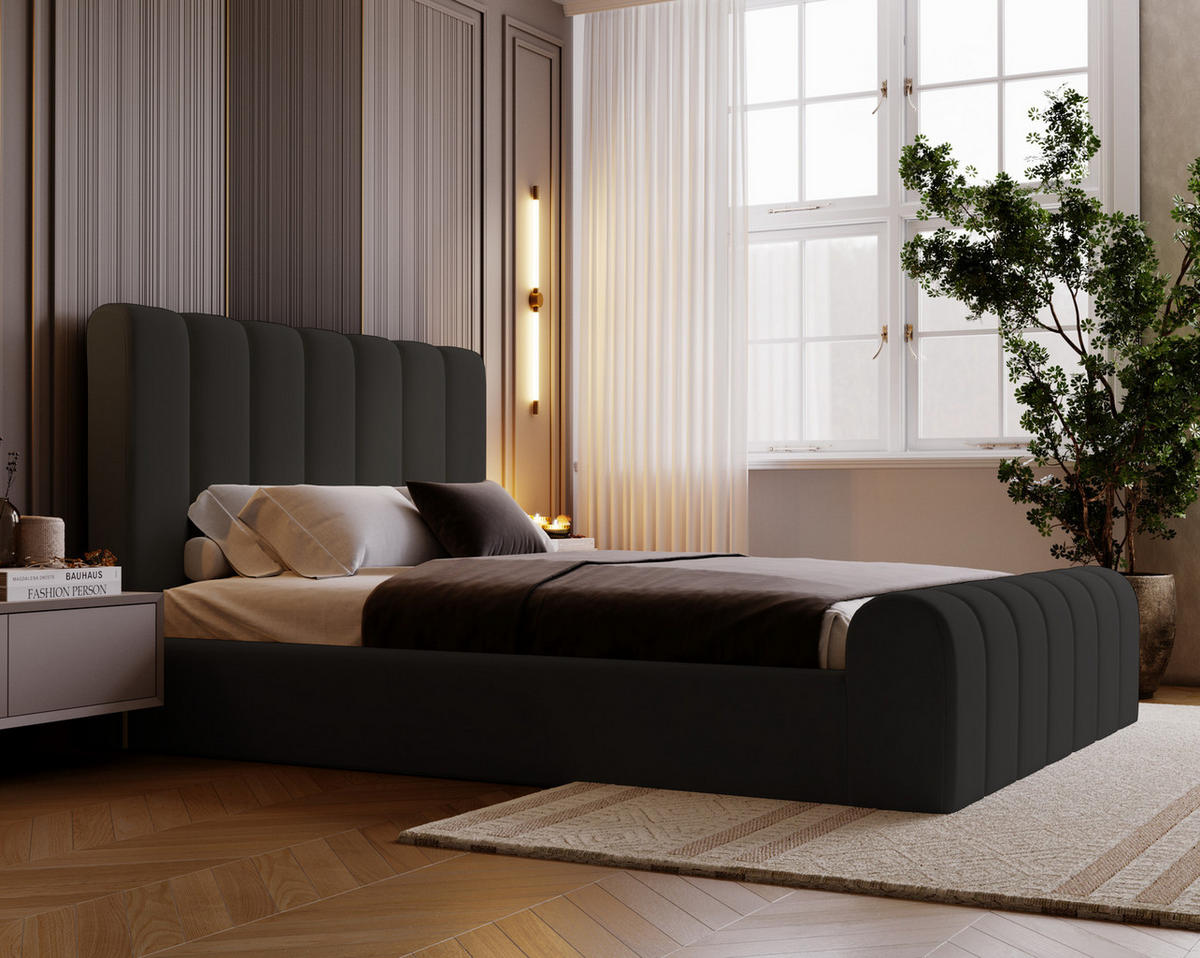 DOPPELBETT 200x200 Valetta mit Bettkasten, Velvet Schwarz - Schwarz, Holz/Textil (200/200cm) - Emporius