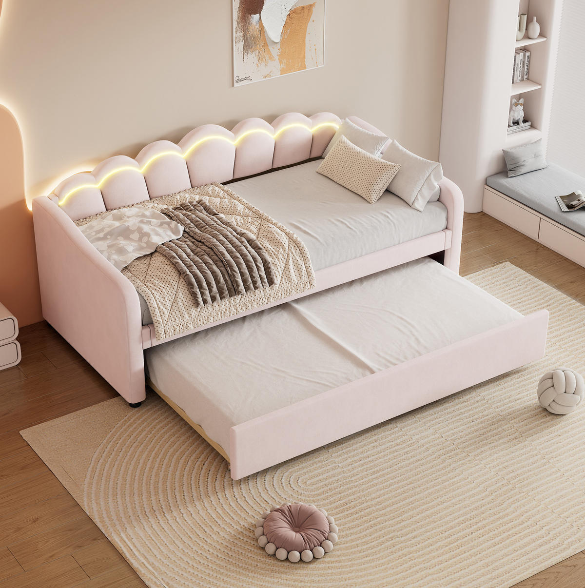 BETT 90/200 cm aus Samt in Rosa mit Ausziehbett und LED-Beleuchtung - Rosa, Textil (90/200cm) - Flora Grace