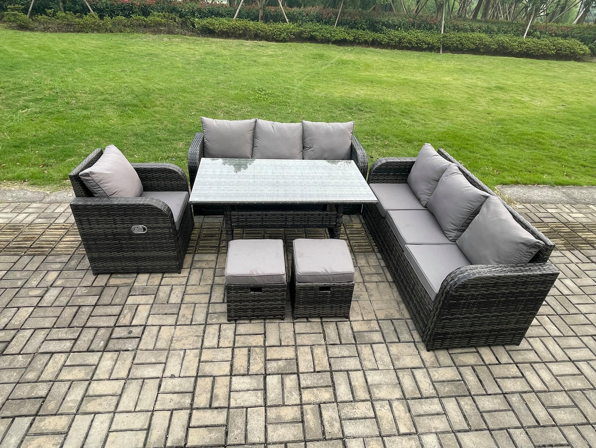 GARTENGARNITUR mit Liegestuhl,3-Sitzer Sofa,2 Hockern Polyrattan Dunkelgrau 9-Sitzer - Dunkelgrau/Grau, Glas/Kunststoff - Fimous