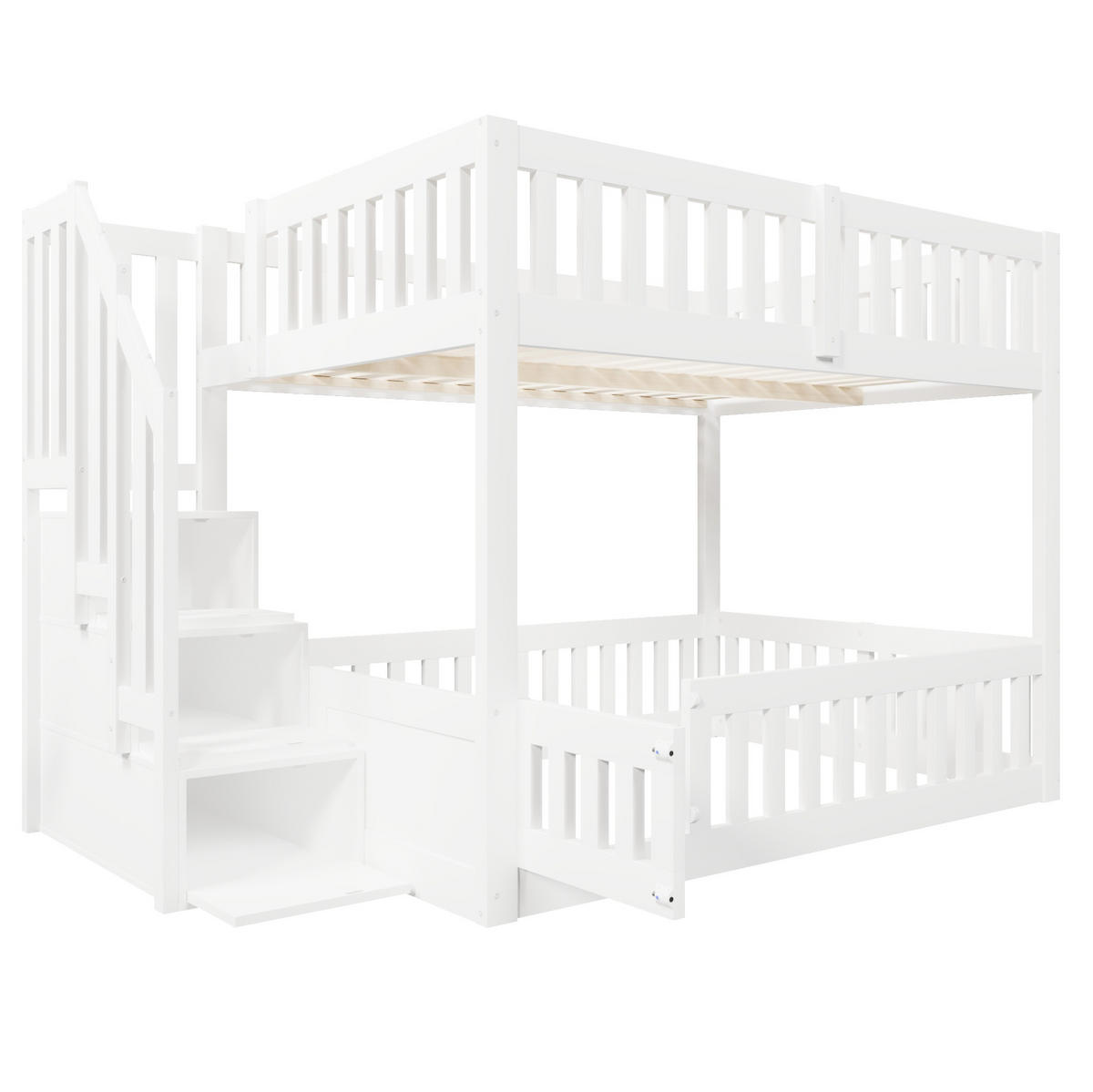 ETAGENBETT aus Kiefernholz und MDF 140x200 cm Weiß mit Stauraumtreppe - Weiß, Holzwerkstoff (140/200cm) - Modfu