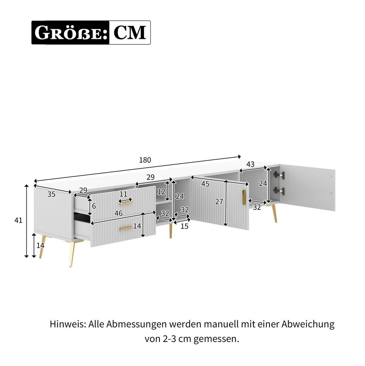TV ormarić 180/35/41 cm bijeli od MDF-a s 2 ladice i 3 otvorena prostora za odlaganje - bijela, drvni materijal (180/44/35cm) - OKWISH