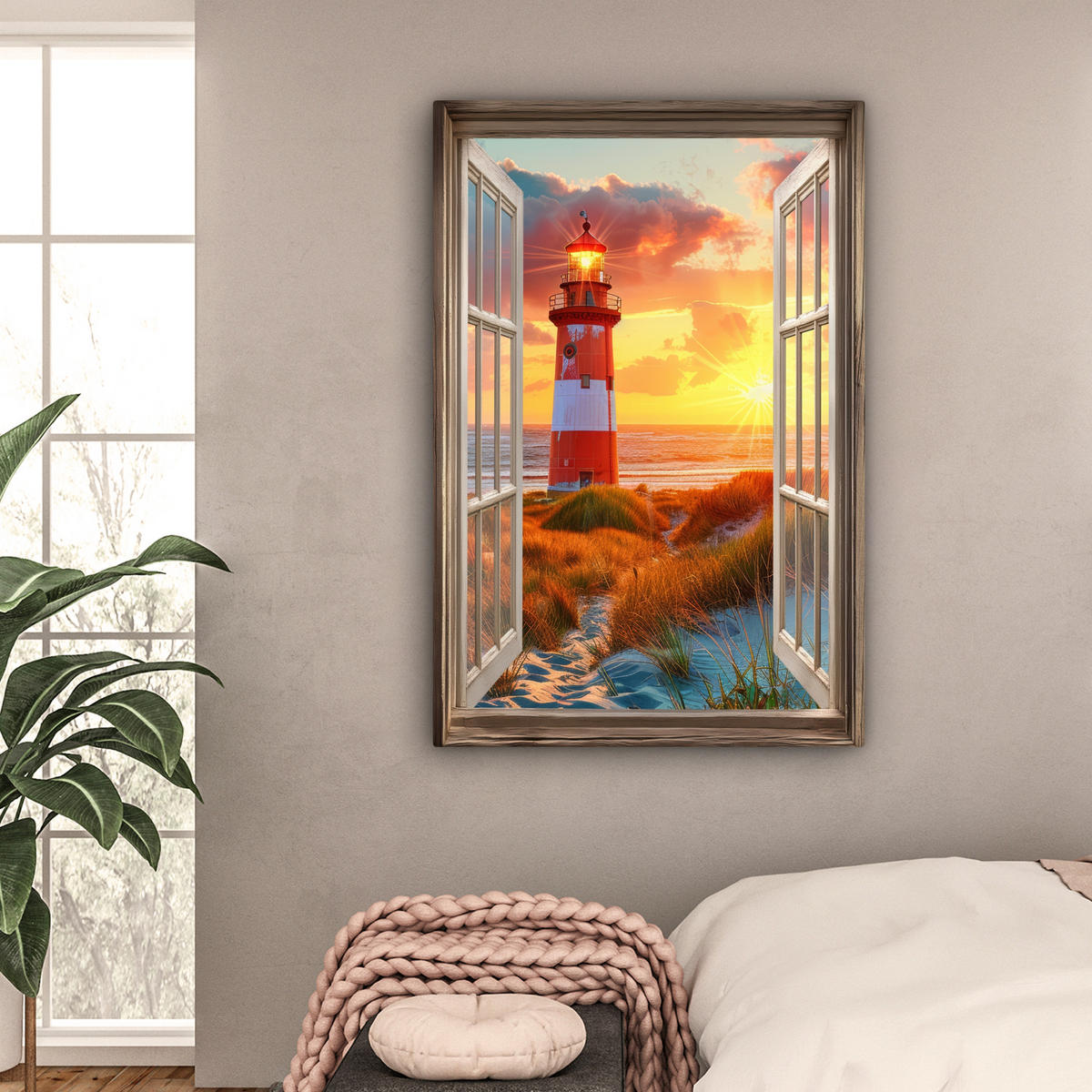 LEINWANDBILD Aussicht - Fenster - Leuchtturm - Sonnenuntergang - Strand 80x120 cm - Dunkelorange, Textil (80/120cm) - MuchoWow