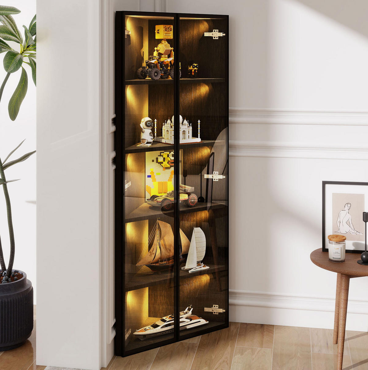 VITRINE 62/35/160 cm aus MDF und Glas mit LED-Beleuchtung Schwarz - Schwarz, Holzwerkstoff (62/160/35cm) - Modenvie