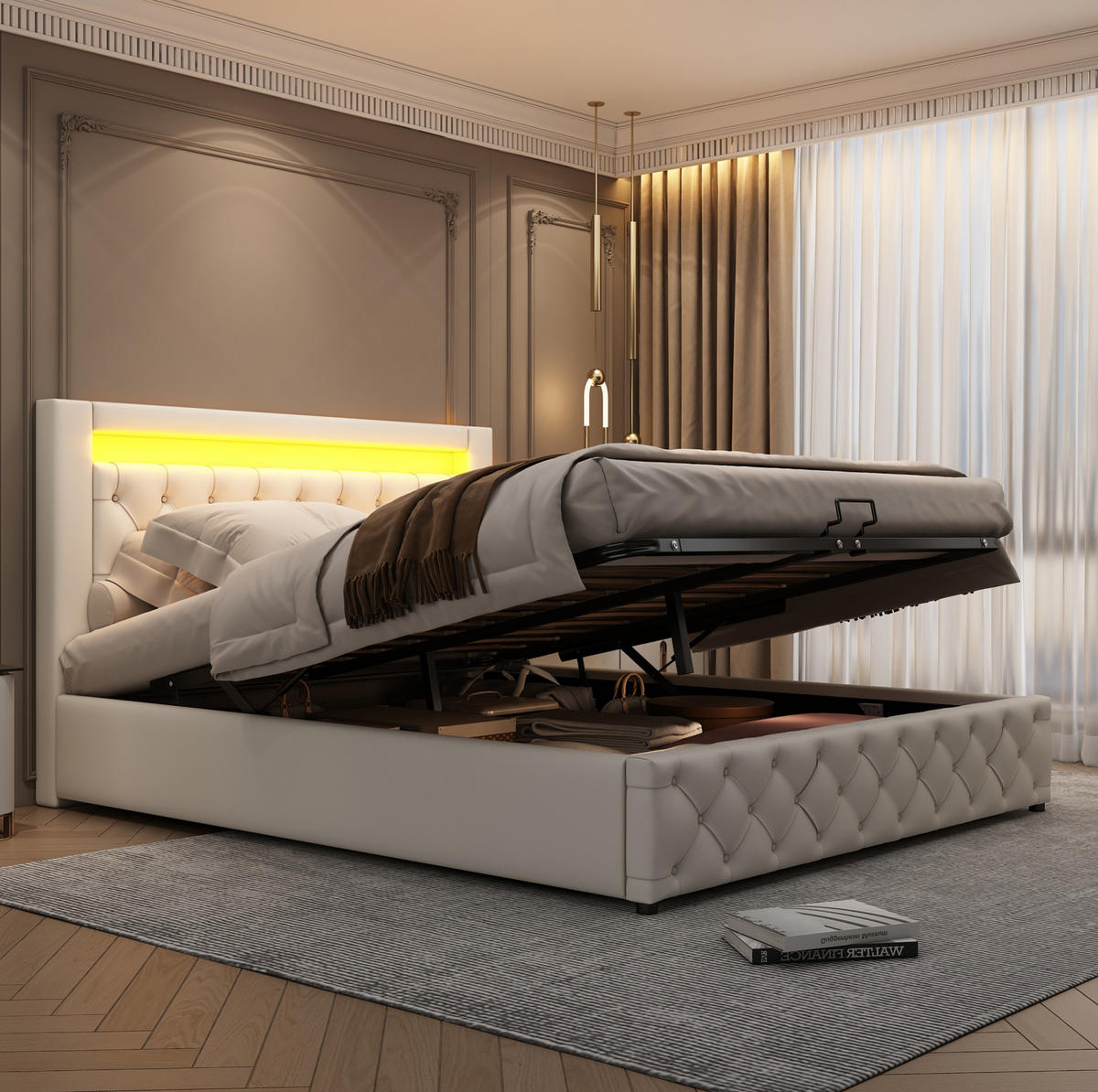 POLSTERBETT mit Bettkasten und LED 160x200 cm PU Weiß - Weiß, Metall (160/200cm) - Meubliv