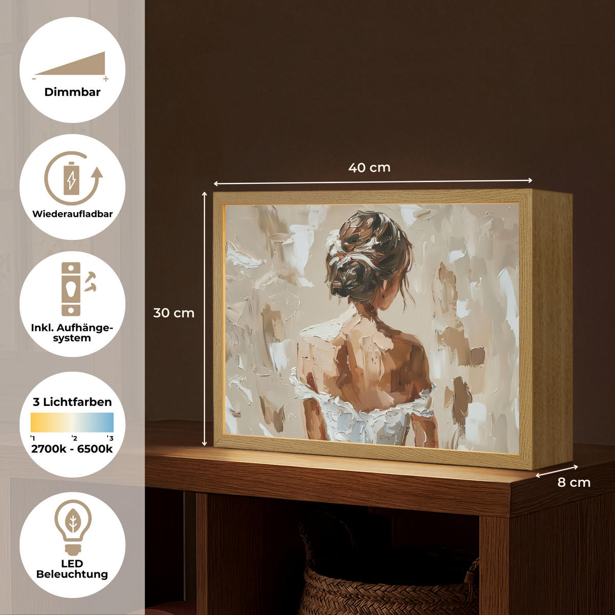 NÁSTĚNNÁ LAMPA S AKUMULÁTOREM Žena - malba - abstraktní - béžová - moderní 40x30 cm - světle hnědá, kompozitní dřevo (40/30/8cm) - OnlyWow