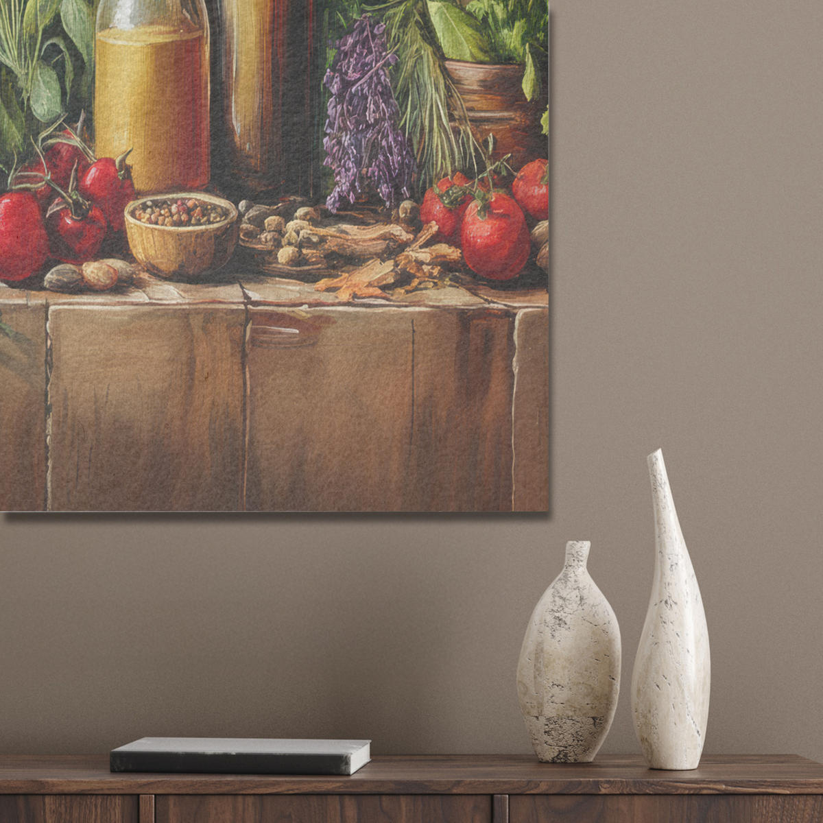 AKUSTIKBILD Stilleben - Kräuter - Gewürze - Früchte - Farbenfroh Wanddeko 60x90 cm - Grün, Kunststoff (60/90/0.9cm) - MuchoWow