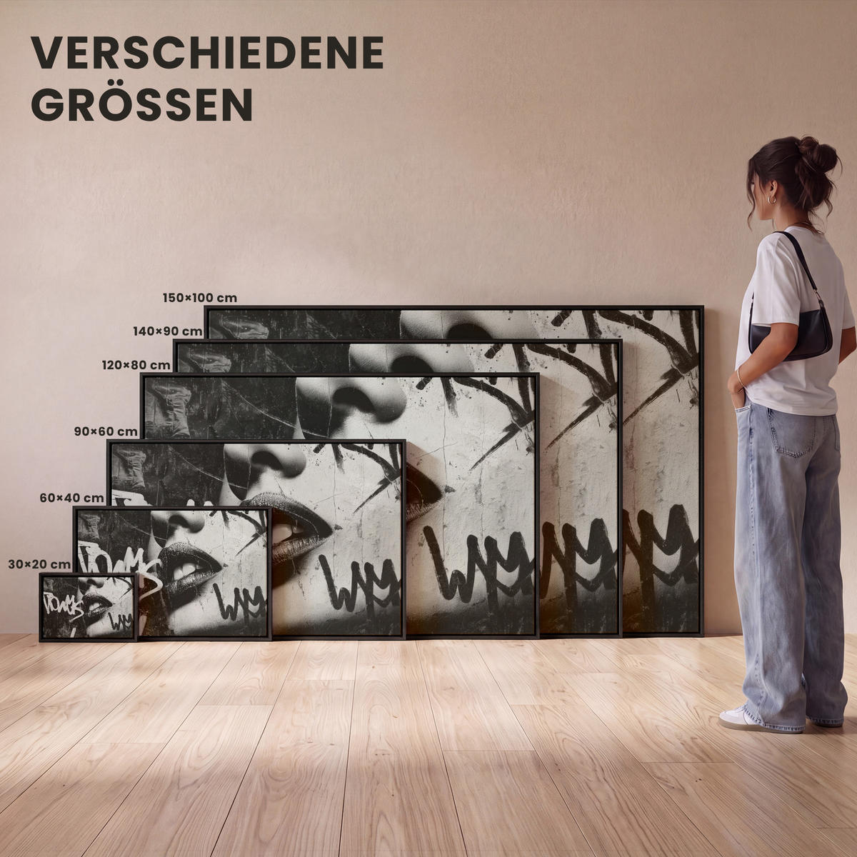 LEINWAND Bilder mit Rahmen - Gesicht - Mund - Graffiti - Schwarz - 90x60 - Schwarz, Textil (90/60cm) - MuchoWow