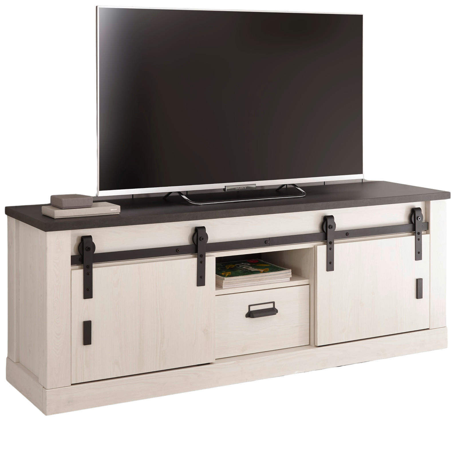 TV-LOWBOARD weiß Pinie, anthrazit, Landhaus, TV Unterteil Komforthöhe 162 x 61 cm - Anthrazit/Weiß, Holzwerkstoff/Metall (162/61/43cm) - Furn.Design
