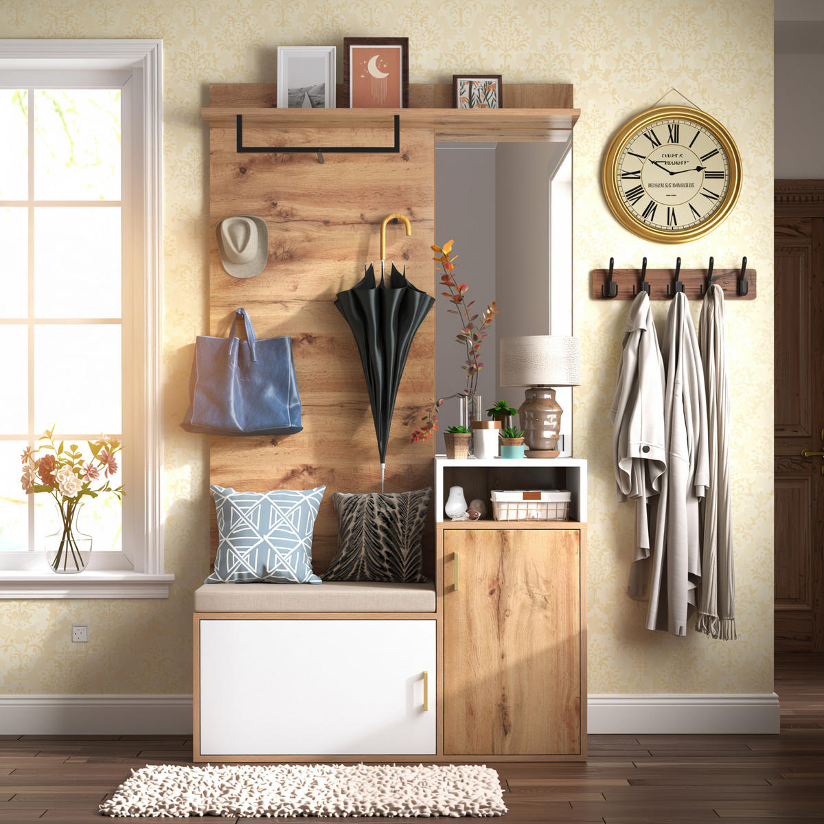 GARDEROBEN-SET 105 cm in Weiß & Eiche-Optik – 3-teilige Flurkombination mit Spiegel, Schuhschrank & Wandpaneel - Naturfarben, Holzwerkstoff (105/190.5/40cm) - Urban Meuble