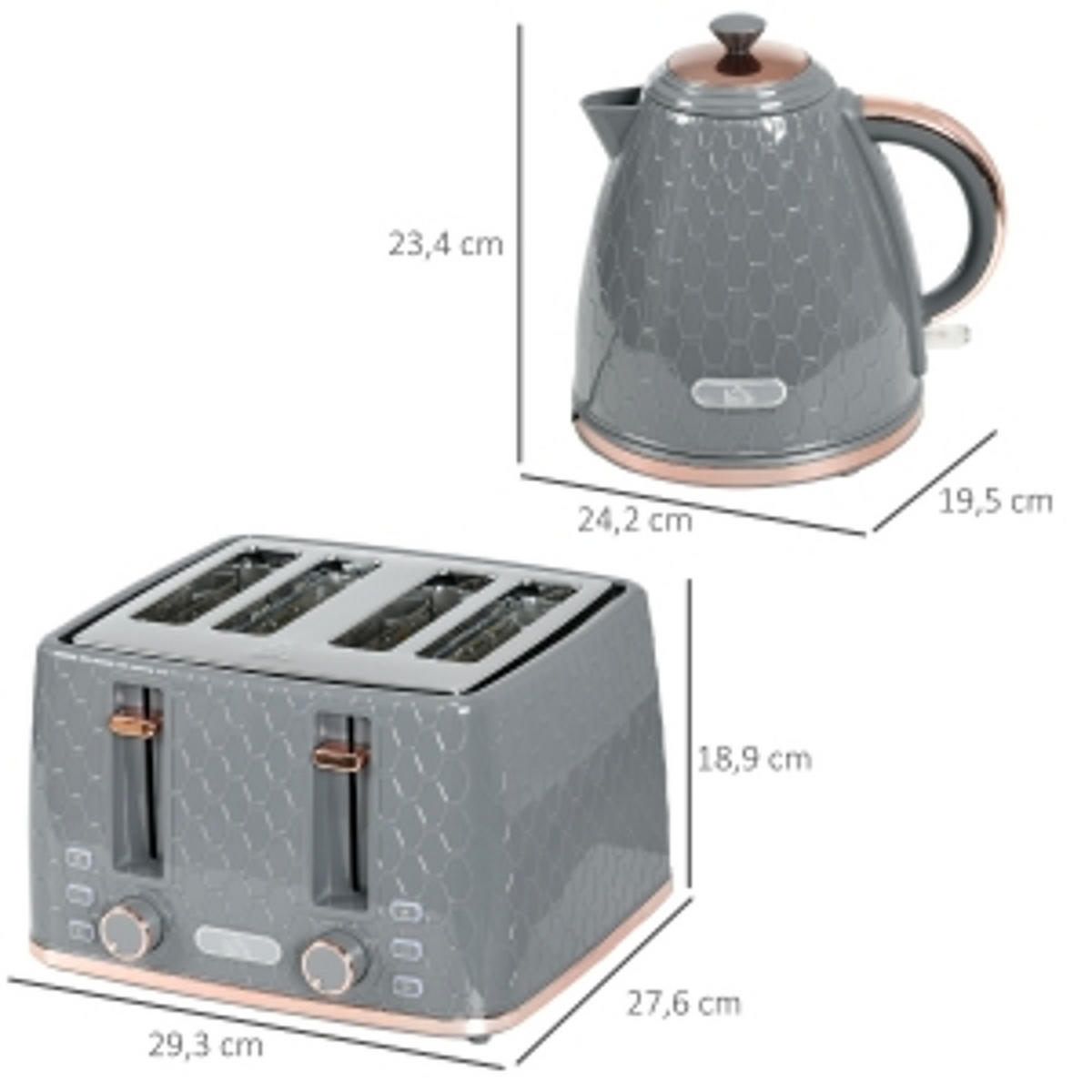 WASSERKOCHER-TOASTER Set 1,7L 4 Scheiben Toaster Kunststoff Grau - Grau, Kunststoff (19.5/23.4/24.2cm) - Rolipo
