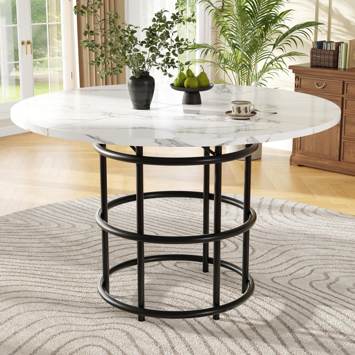 ESSTISCH 100x100x76 cm in Weiß und Schwarz aus MDF mit Marmoroptik auf schwarzem Metallgestell - Schwarz, Holzwerkstoff (100/100/76cm) - Modfu