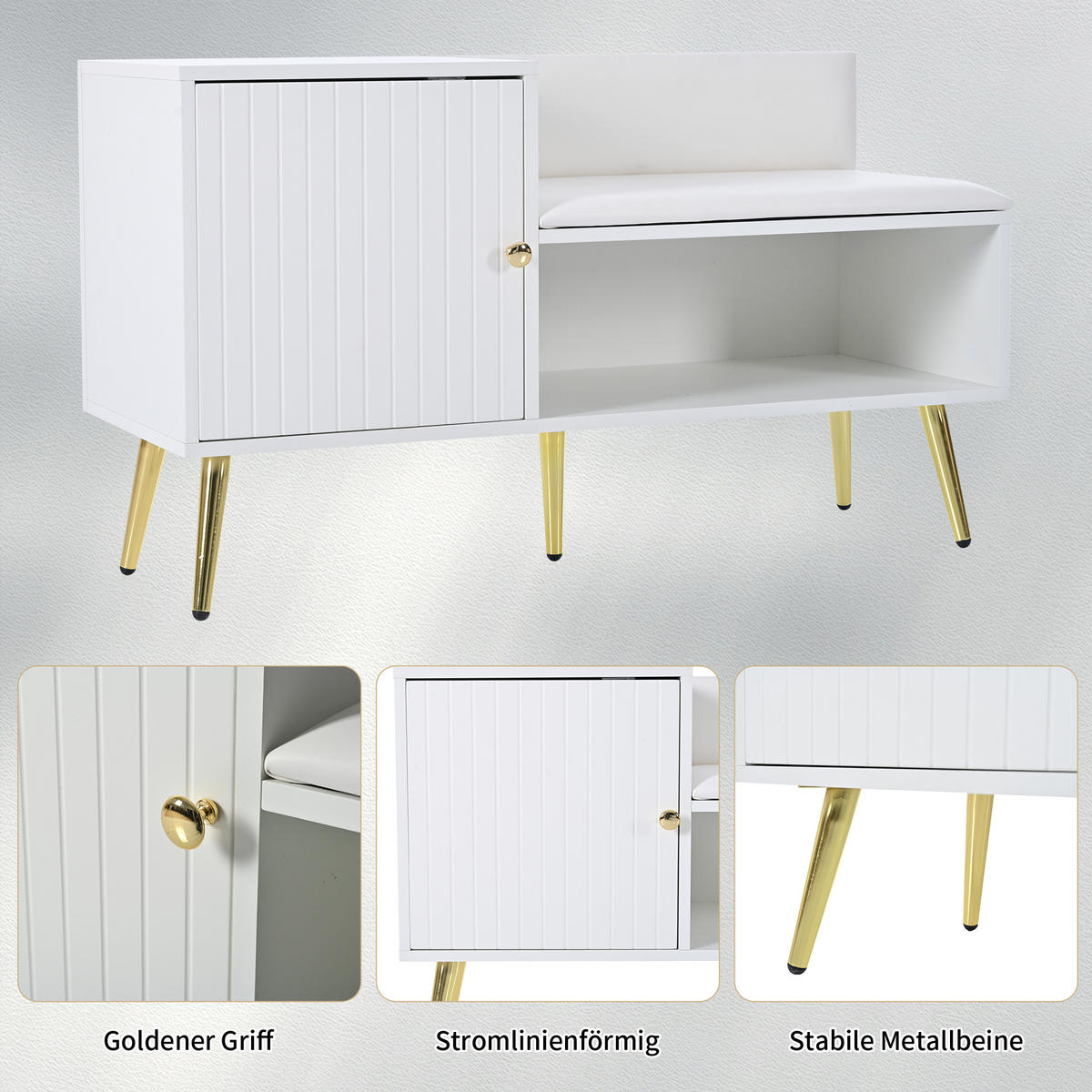 SCHUHSCHRANK in Weiß Schuhkommode mit Stauraum gepolsterter Sitzbank Rückenlehne Metallgriffe Eingangsbereich, B100/T40/H58cm - Goldfarben/Weiß, Holzwerkstoff/Metall (100/58/38cm) - STILVORA