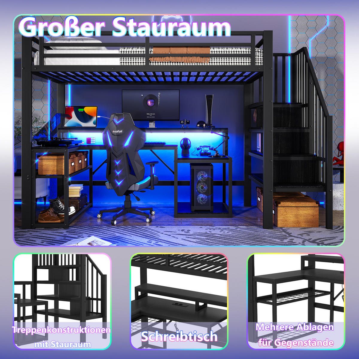 HOCHBETT aus Metall und MDF 90x200 cm Schwarz mit LED, USB-Anschluss, Schreibtisch und Stauraum - Schwarz, Metall (90/200cm) - Modfu