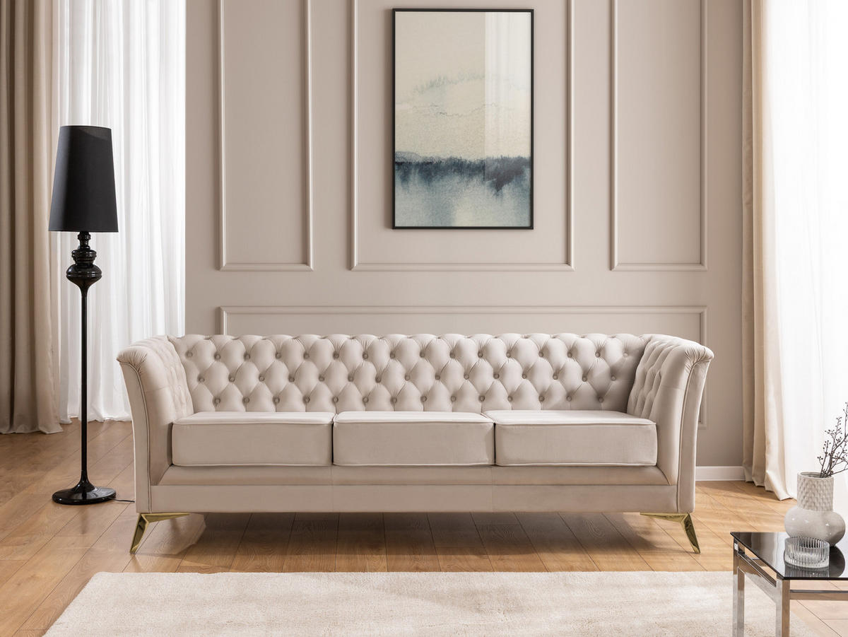 SITZGARNITUR 3+2+1 Chesterfield Whitby Beige Samt mit goldenen Füßen - Beige/Goldfarben, Holz/Textil (237/78/82cm) - S-Style Möbel