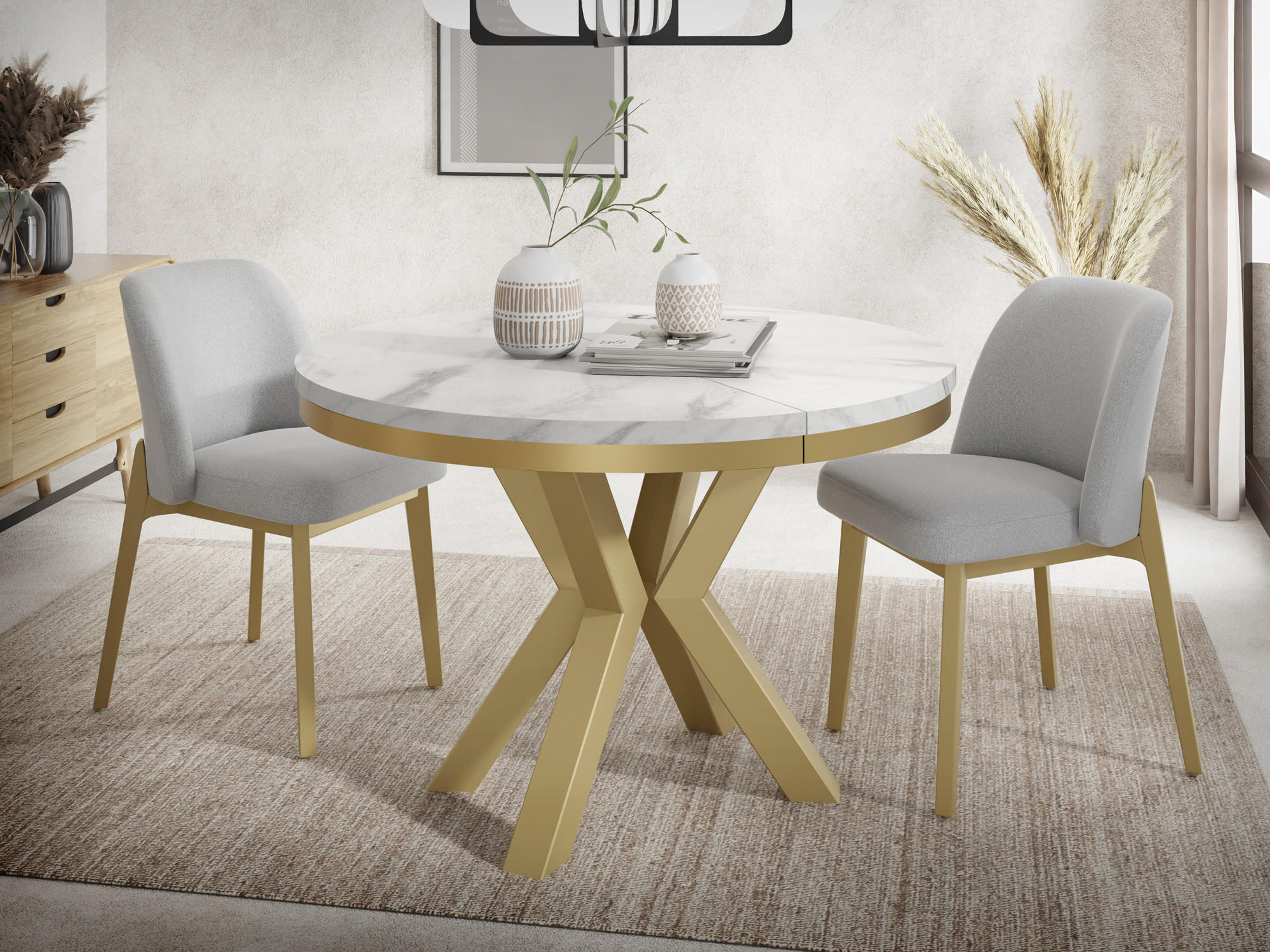 ESSTISCH Clara Gold runder ausziehbarer, Marmor Weiß 100-180/100/76 cm - Ecru/Goldfarben, Holzwerkstoff/Metall (100/100/76cm) - WFL GROUP