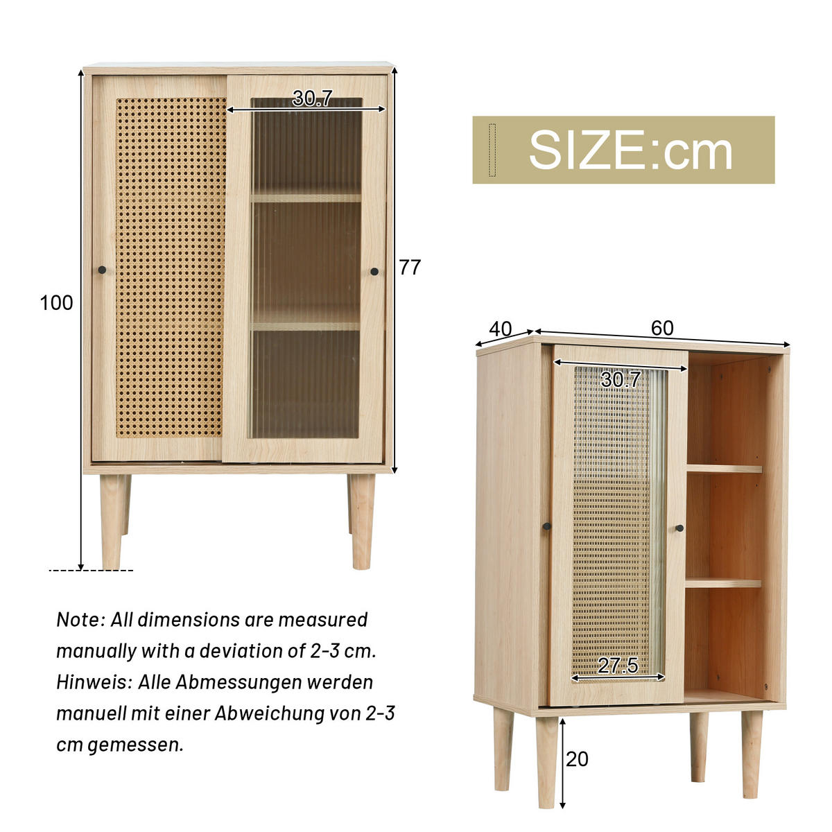 SIDEBOARD mit Rattan-Türen, 100x40x60 cm - Eiche San Remo, Glas/Holzwerkstoff (60/100/40cm) - Urban Meuble
