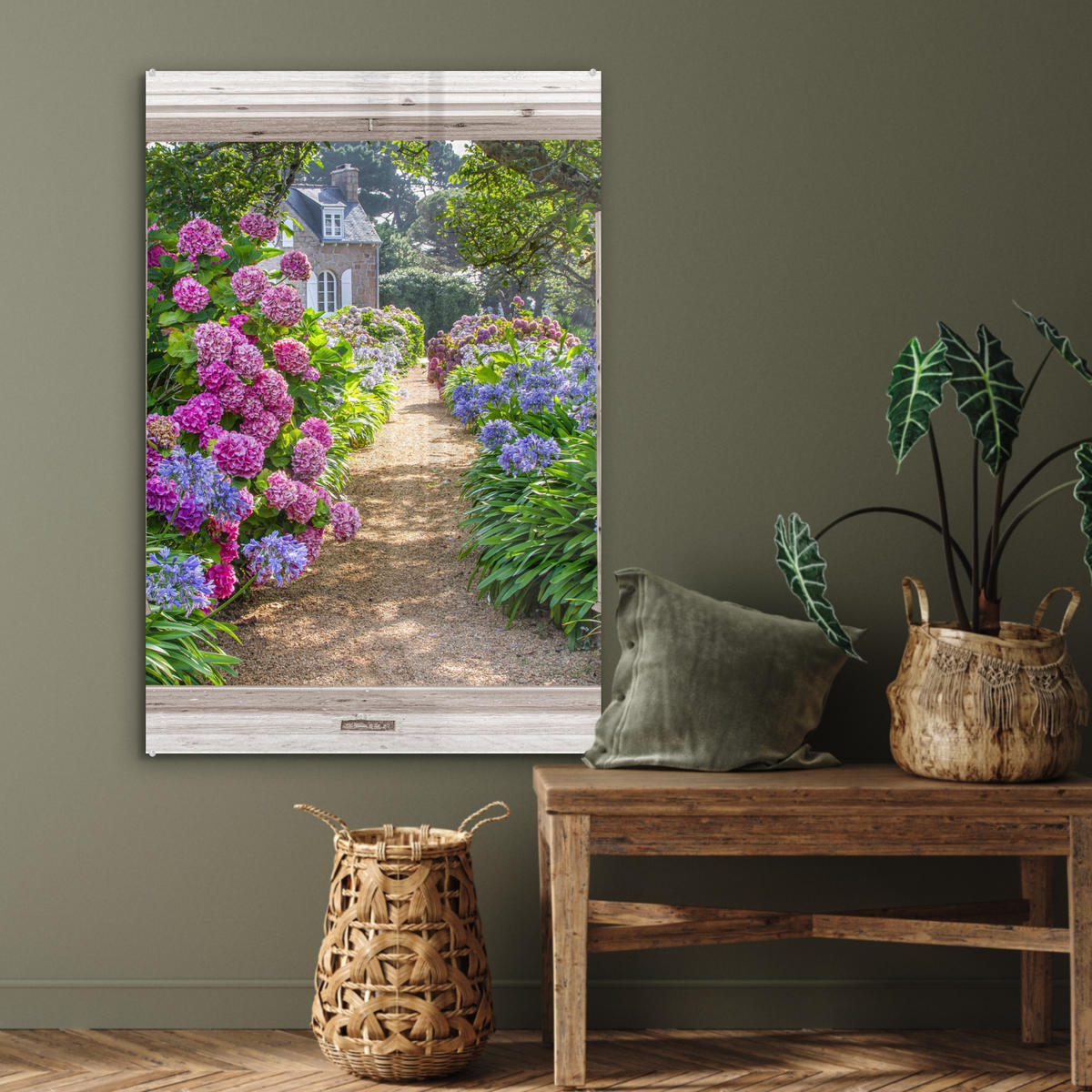 ACRYLGLASBILD Hortensie - Ansicht - Blumen - Sommer - Lila - Weg 60x90 cm - Lila, Glas (60/90cm) - MuchoWow