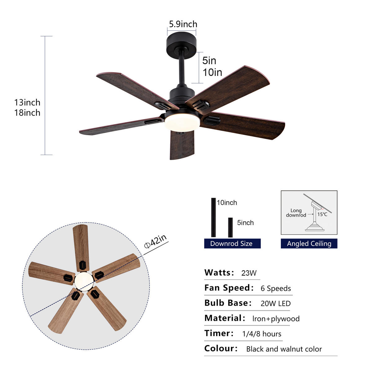 DECKENVENTILATOR DE-16257 42 Zoll 5 Flügel dimmbar mit Fernbedienung Schwarz - Walnussfarben, Holz/Metall (107/107/45cm) - ComfortXL