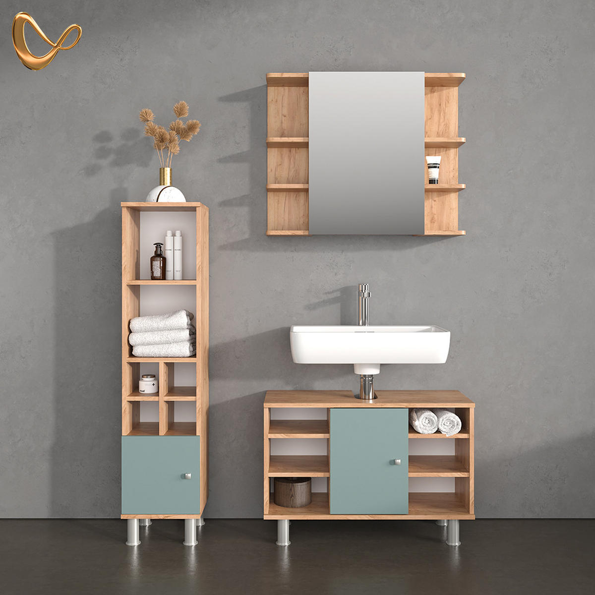 BADMÖBEL-SET Fucino Grün 3 Teile, mit Midischrank Tür klein - Eiche Wotan/Grün, Holzwerkstoff (80/54/32cm) - Livinity®