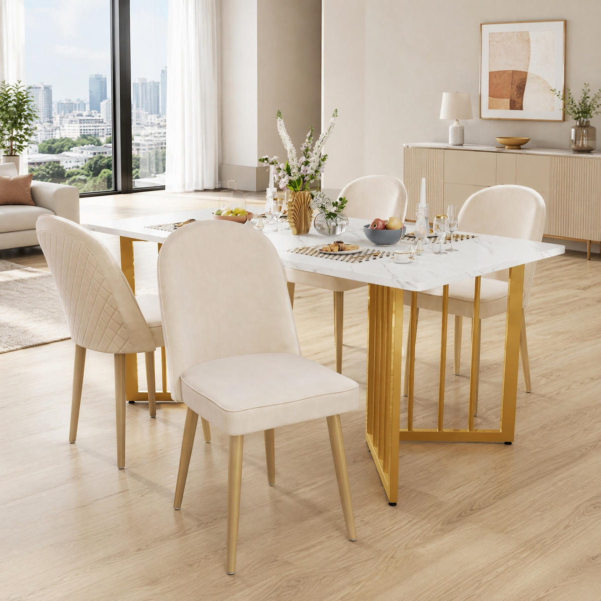 WOHNZIMMER STÜHLE mit Samtbezug 4tlg Metallbeinen - Beige, Textil (45.5/87.5/62cm) - EVRYAE