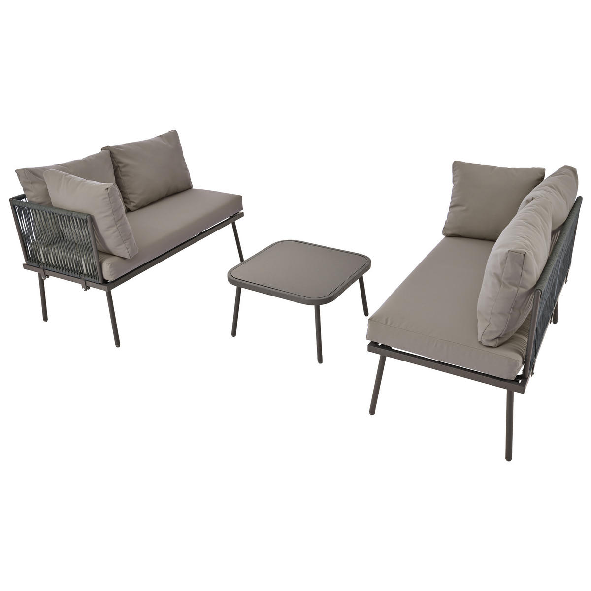 GARTEN-LOUNGE-SET mit Eisenrahmen & Seil, 2 Sofas 120/60/72 cm + Tisch 53/53/36 cm, Grau - Grau, Metall - Redom