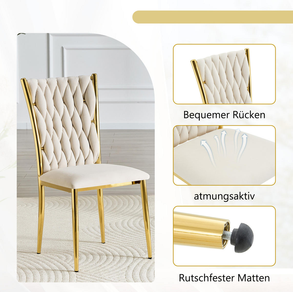 ESSZIMMERSTUHL mit Samtbezug und Metallbeinen Beige Gold - Beige, Metall (45/94/58cm) - Meubliv