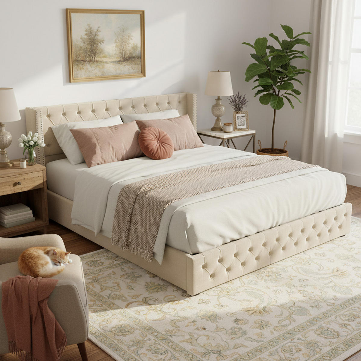 POLSTERBETT 140x200 Samt Ohrenform Hydraulisch Beige - Beige, Holz - FLIEKS