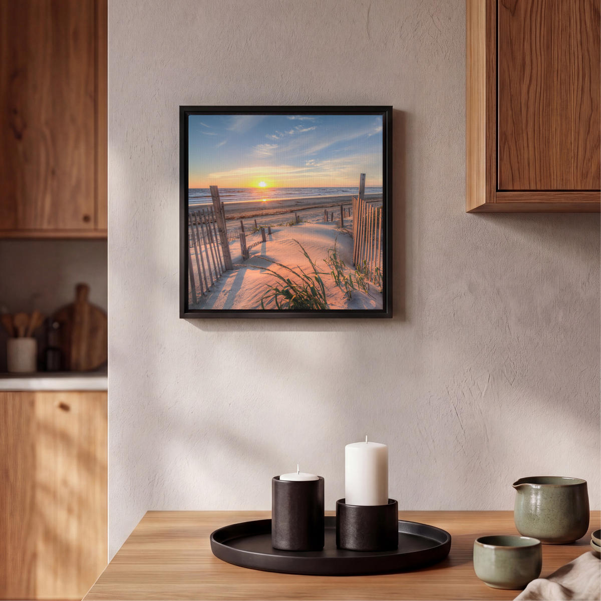LEINWAND Bilder mit Rahmen - Strand - Meer - Düne - Sonnenuntergang - Landschaft - 20x20 - Beige, Textil (20/20cm) - MuchoWow