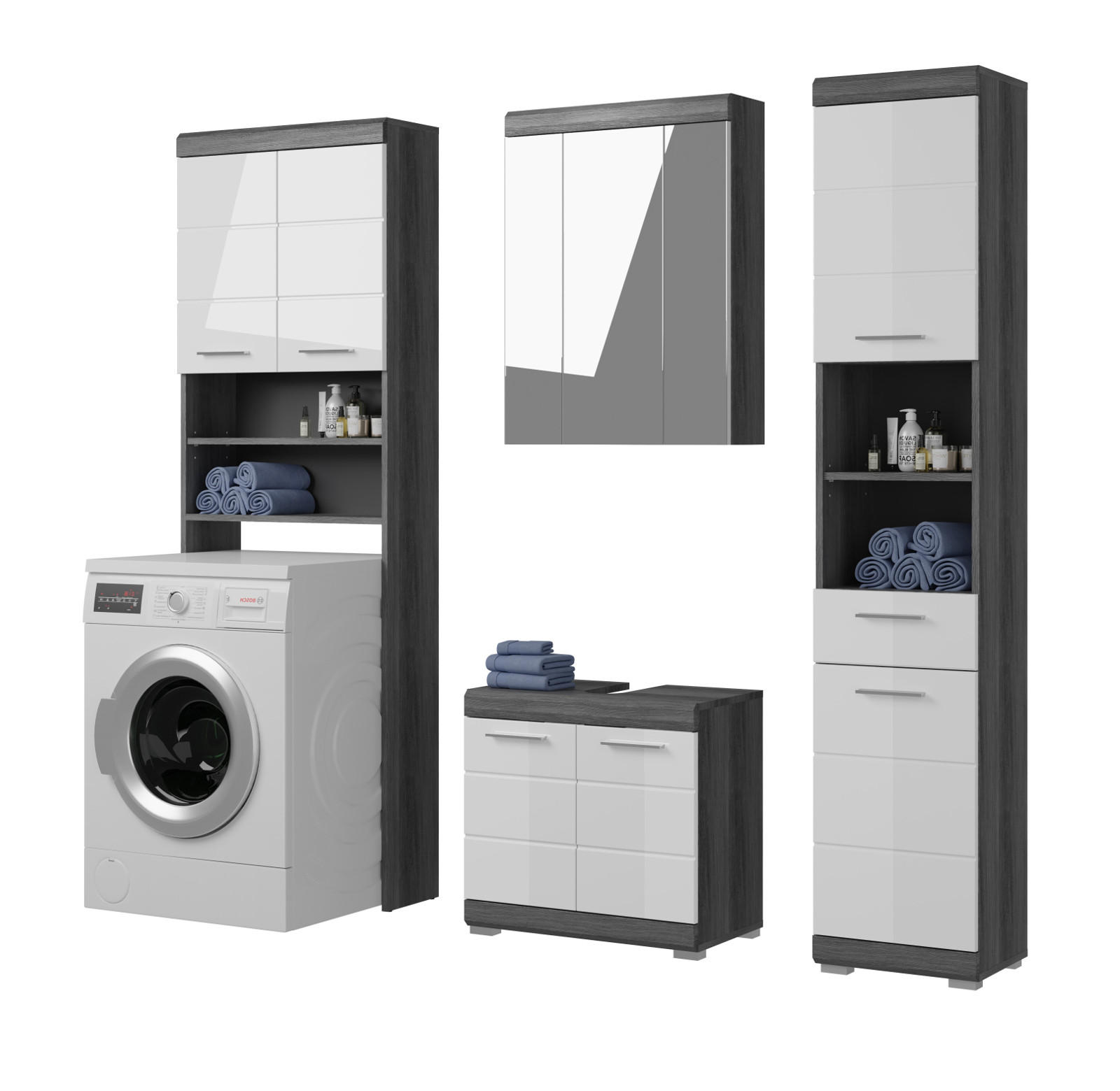 BADMÖBEL-SET weiß Hochglanz, grau 4-teilig 190 cm, Komplettset mit 23 Fächern - Weiß Hochglanz/Grau, Holzwerkstoff (190/191/34cm) - Inn.Furn