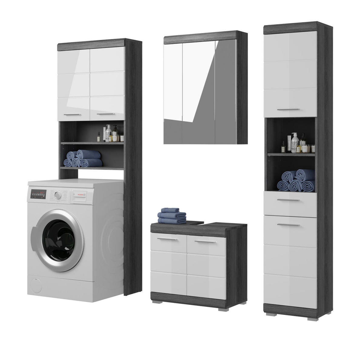 BADMÖBEL-SET weiß Hochglanz, grau 4-teilig 190 cm, Komplettset mit 23 Fächern - Weiß Hochglanz/Grau, Holzwerkstoff (190/191/34cm) - Inn.Furn