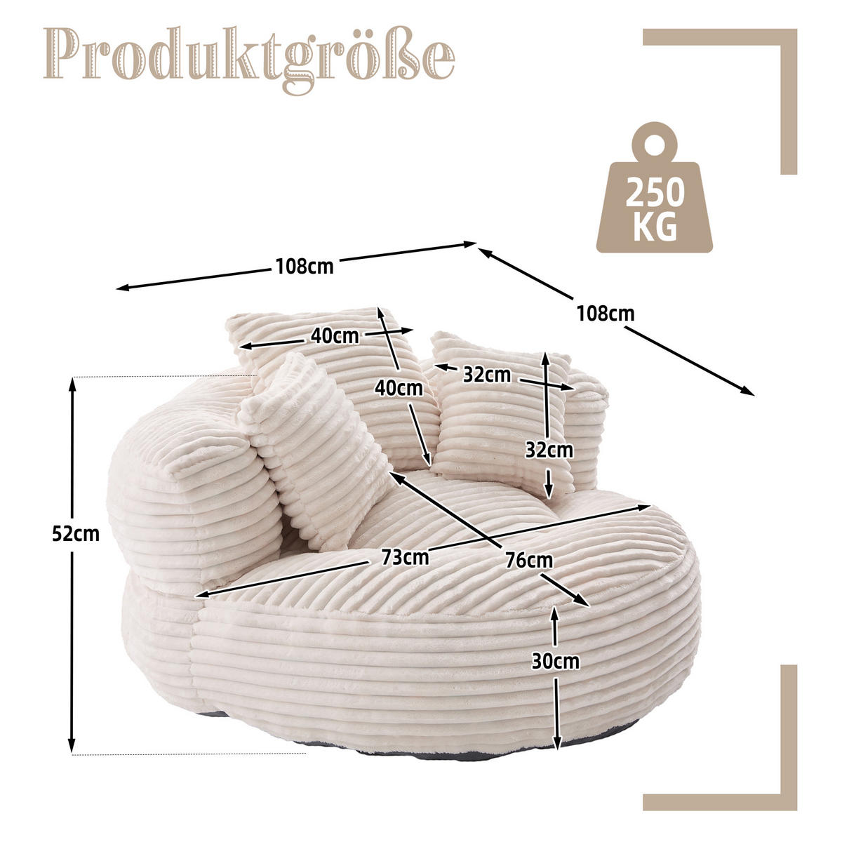 SITZSACK in Chenille mit 3 Kissen - Beige, Textil (108/52/108cm) - Urban Meuble