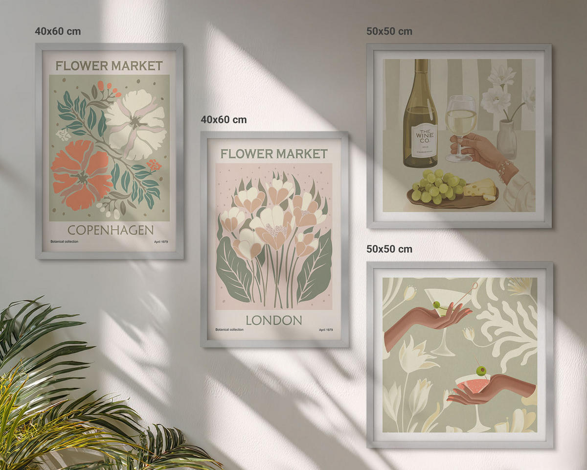 BILDER SET 4er Set - 50x50 cm & 40x60 cm Silberner Rahmen - Blumenposter Weinstadt - Silberfarben, Kunststoff (50/50cm) - TULUP