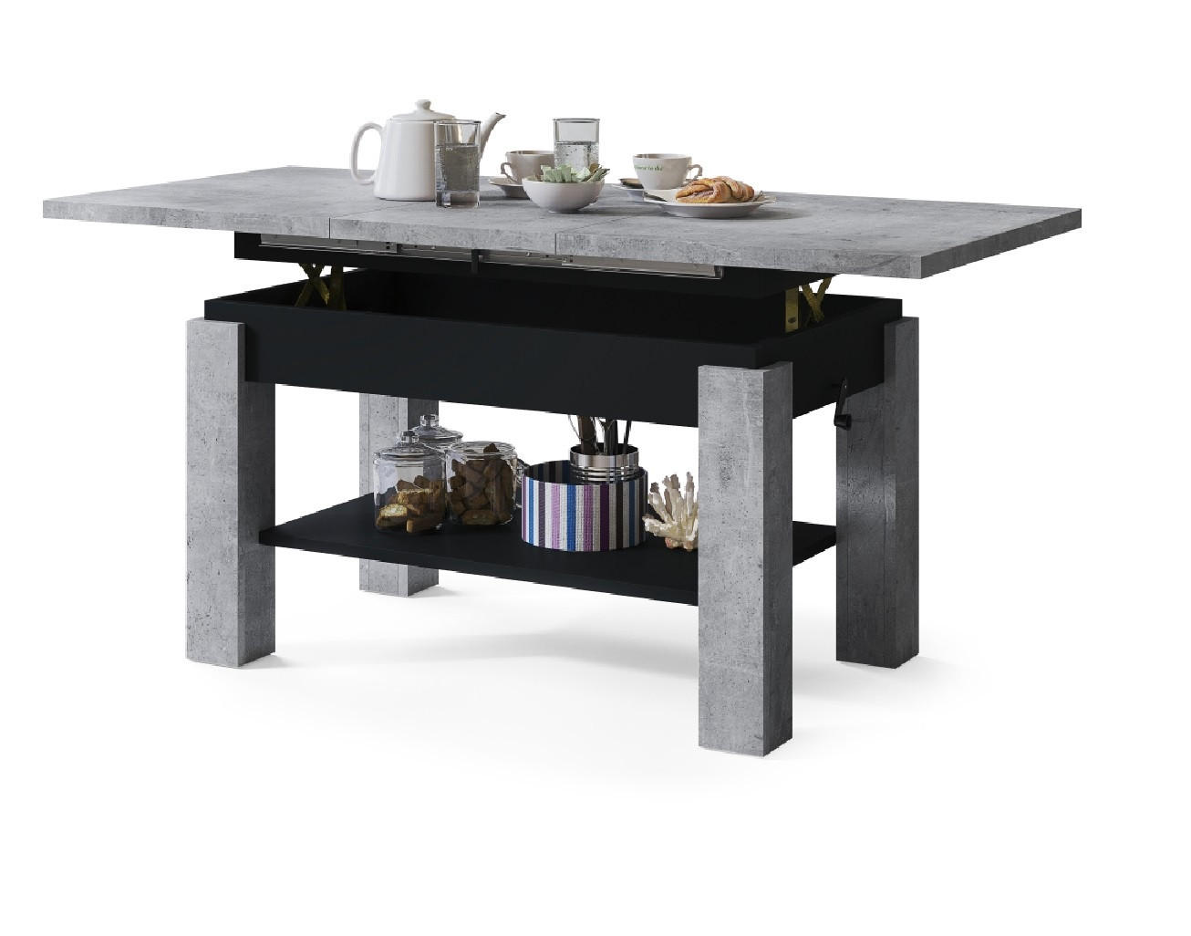 COUCHTISCH rechteckig Beton - Schwarz ausziehbar höhenverstellbar - Hellgrau/Schwarz, Holzwerkstoff (68/110/59cm) - designimpex