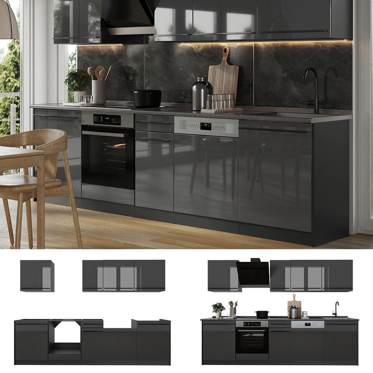 KÜCHENZEILE R-Line, Anthrazit Hochglanz/Anthrazit, 280 cm Arbeitsplatte Goldkraft Eiche - Schwarz Hochglanz/Anthrazit, Holzwerkstoff (280/206.8/60cm) - Vicco
