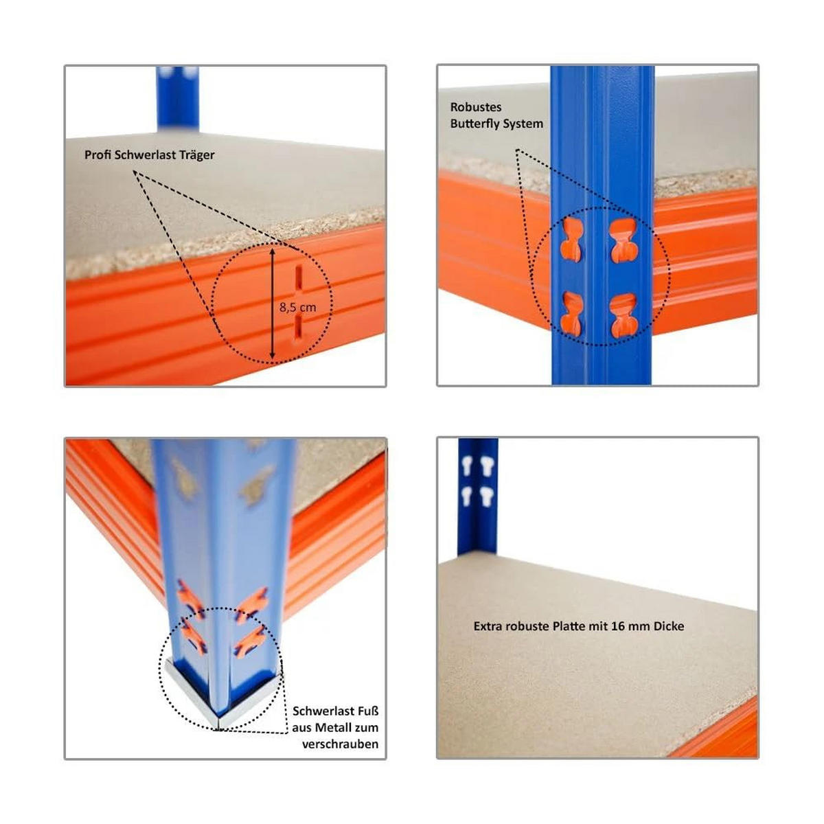 SCHWERLASTREGAL Rhino 2er-Set mit 2x 180x160x60 cm 4 Spanplatten-Ebenen 16mm Fachlast 500 kg Blau-Orange - Orange, Metall (320/180/60cm) - PROREGAL