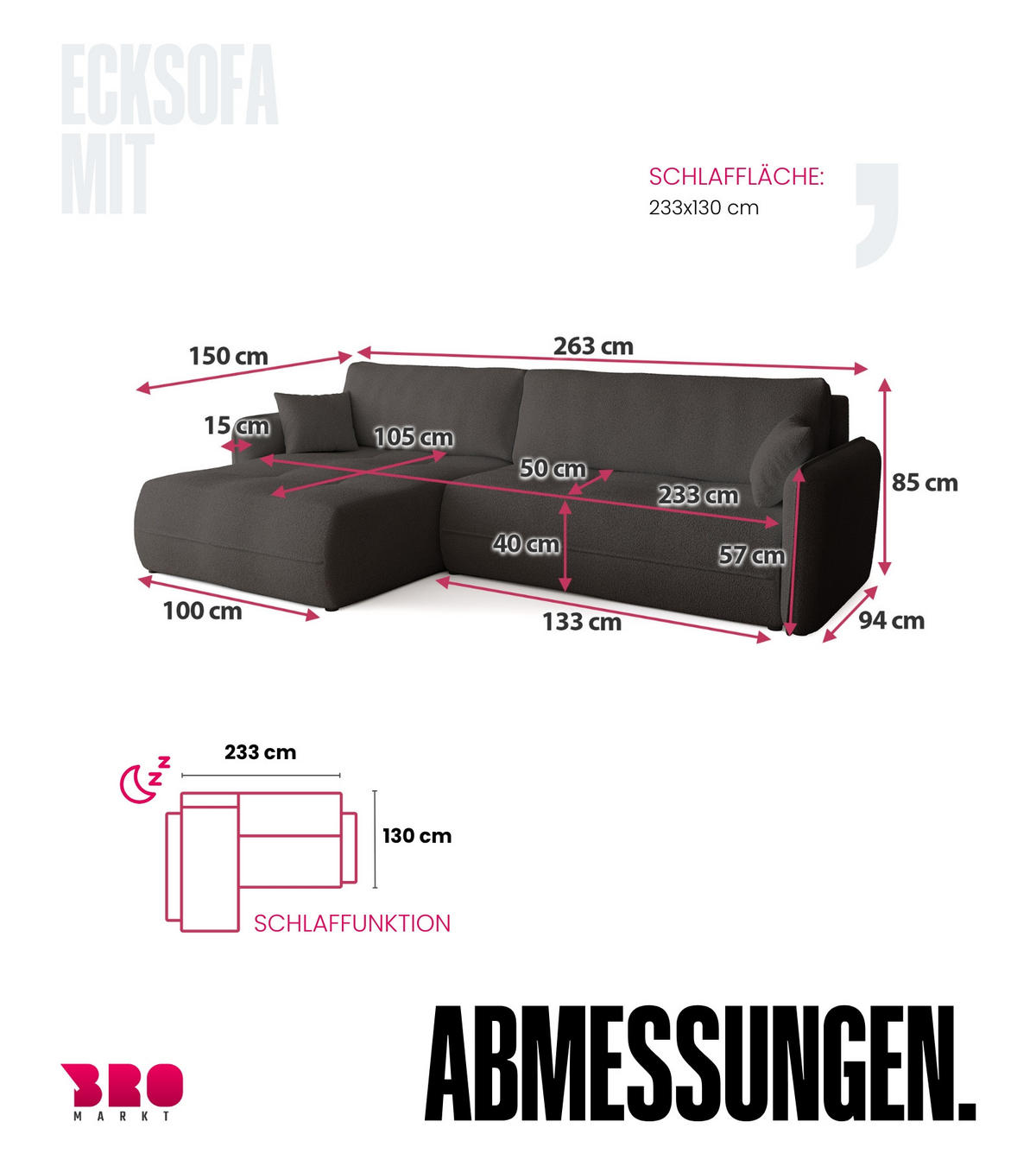 ECKSOFA CLAUDIO mit Schlaffunktion Dunkelgrau - Dunkelgrau, Textil (263/150cm) - Bromarkt