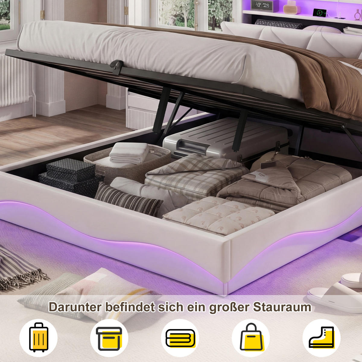 POLSTERBETT 140x200 cm mit Bettkasten, hydraulischer Stauraum, LED, USB & Type-C, Kopfteil mit Ablage und Lattenrost, Beige - Beige, Metall (140/200cm) - EuroLiving