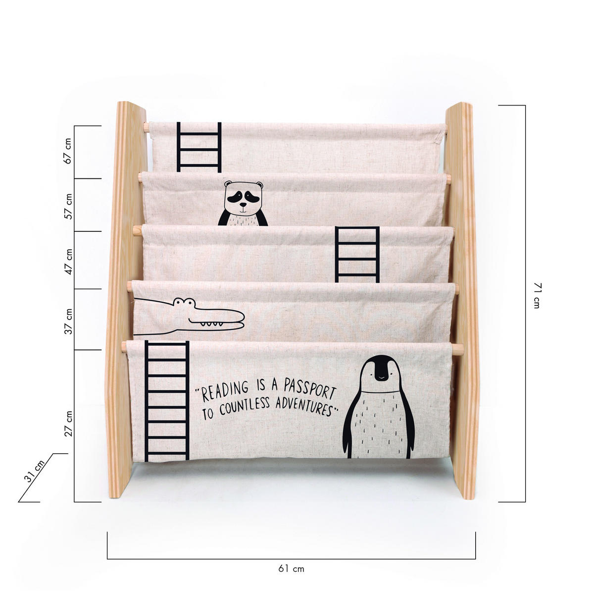 BÜCHERREGAL aus Kiefer-Sperrholz und Textil mit Montessori-Tiermotiven - Beige/Schwarz, Holz (31/71/61cm) - RNT By Really Nice Things